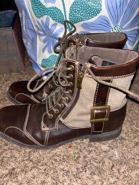 Madden Brown PU Fabric Combat Boots Men's US 8.5 Lace Up Zipper Buckle Ankle